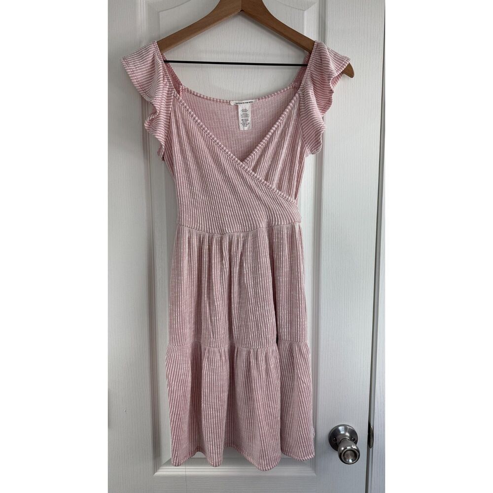 Caution To The Wind Women's Tiered Ruffle Sleeve Dress Pink White Stripe Size S
